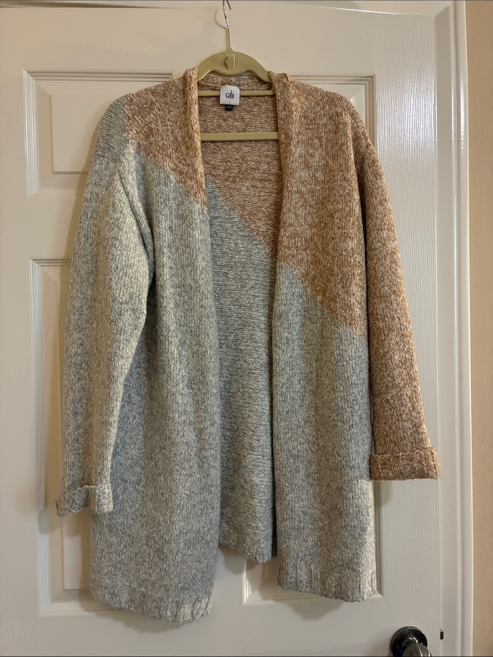 CAbi 3886 Two-Tone Open Cardigan in Taupe & Light Gray